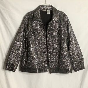 Vintage Quilted Shiny Button-Front Jacket Size 2X Black Silver Metallic